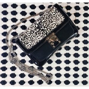 WHBM Calf Hair Leopard Print Patent Crossbody